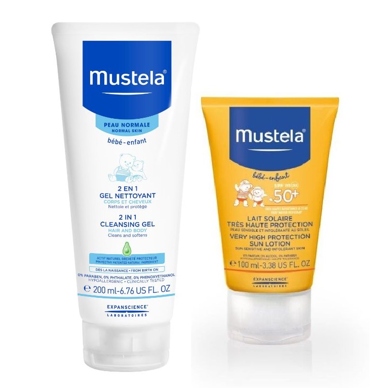 Mustela SPF50+ Sun Protection Lotion 100ml w/Free 2in1 Cleansing Gel 200ml