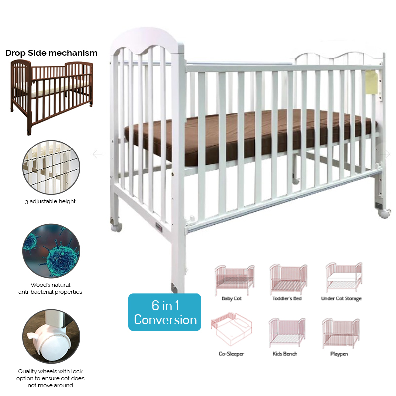 Picket & Rail 6-in-1 Solid Wood Convertible Baby Cot with Drop Side Gate (120x60cm)