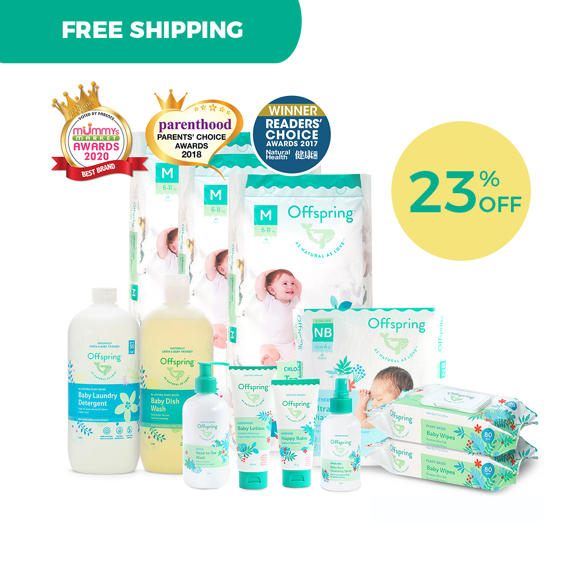 Offspring Ultimate Fashion Newborn Bundle (TAPE Diapers,wipes,lotion,nappy balm,bodywash and MORE)
