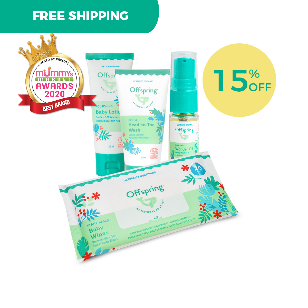 Offspring Handy Bundle - Nourishing Baby Lotion 35ml + Gentle Head To Toe Wash 50ml + Plant-Based Baby Wipes 20ct + Relaxing Wonder Oil 10ml