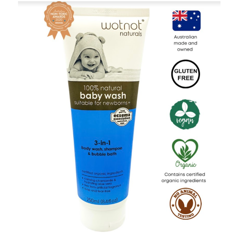 WotNot Naturals 100% Natural 3-in-1 Body Wash, Shampoo & Bubble Bath 250ml (Expiry Date: May 2024)